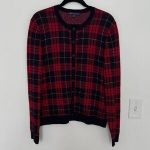 Brooks Brothers Womens Red and Black Plaid Wool Blend Sweater Cardigan - Size XL